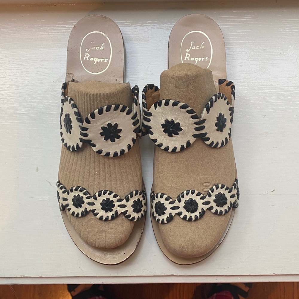 Jack Rogers Cream and Black Slip-On Sandals